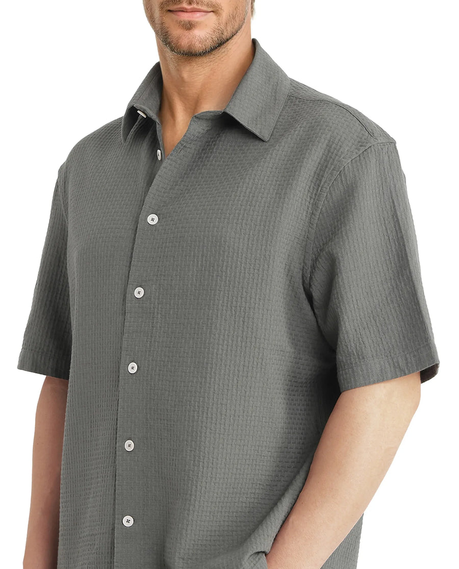 Rare Rabbit Men's Dira Dark Green Cotton Textured Boxy Fit Half Sleeve Collared Shirt