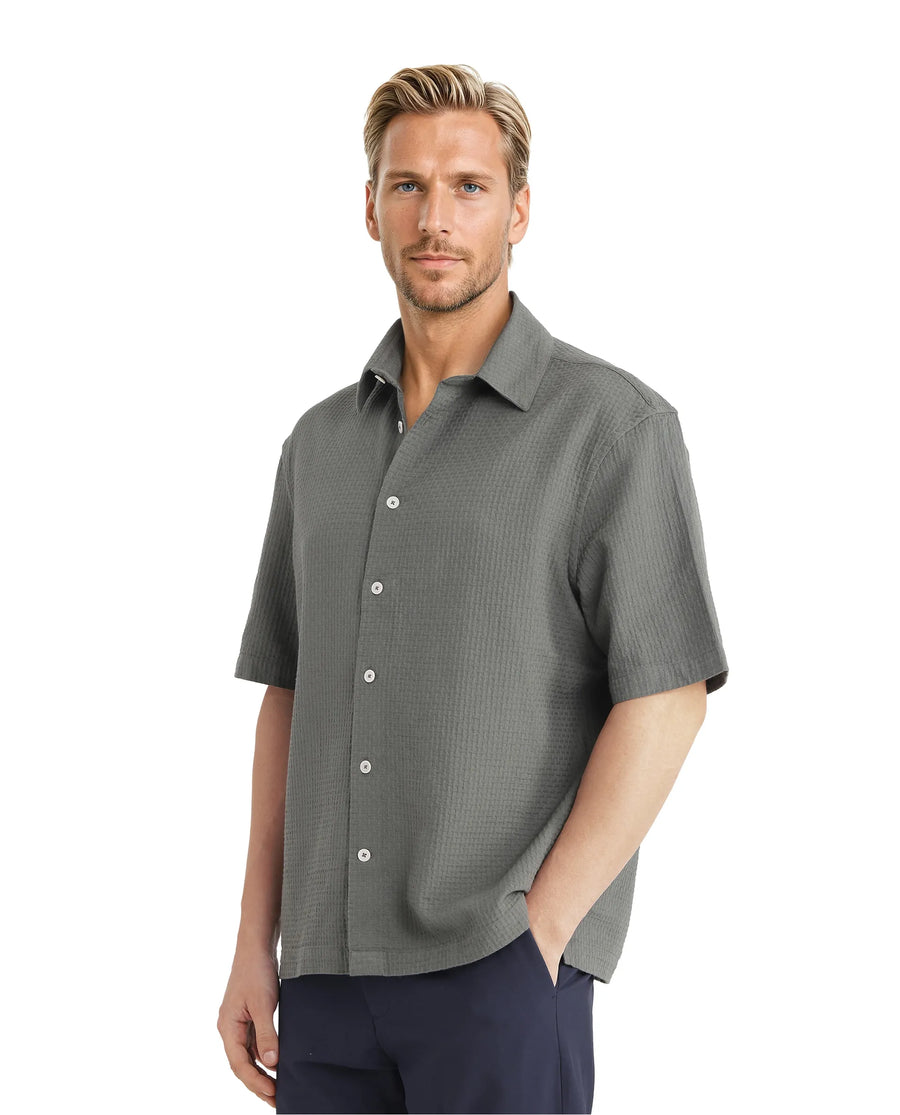 Rare Rabbit Men's Dira Dark Green Cotton Textured Boxy Fit Half Sleeve Collared Shirt