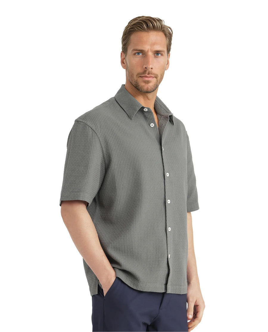 Rare Rabbit Men's Dira Dark Green Cotton Textured Boxy Fit Half Sleeve Collared Shirt