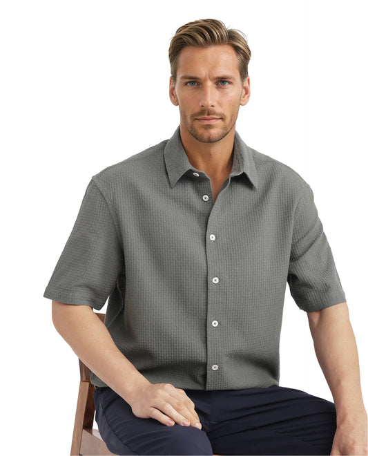 Rare Rabbit Men's Dira Dark Green Cotton Textured Boxy Fit Half Sleeve Collared Shirt