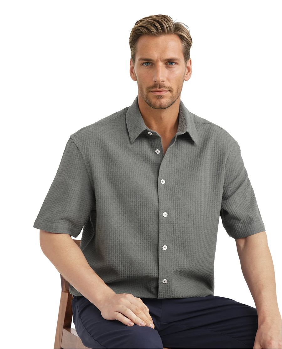 Rare Rabbit Men's Dira Dark Green Cotton Textured Boxy Fit Half Sleeve Collared Shirt