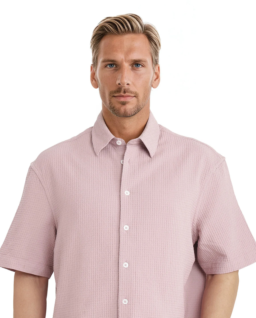 Rare Rabbit Men's Dira Dusky Pink Cotton Textured Regular Fit Half Sleeve Collared Shirt