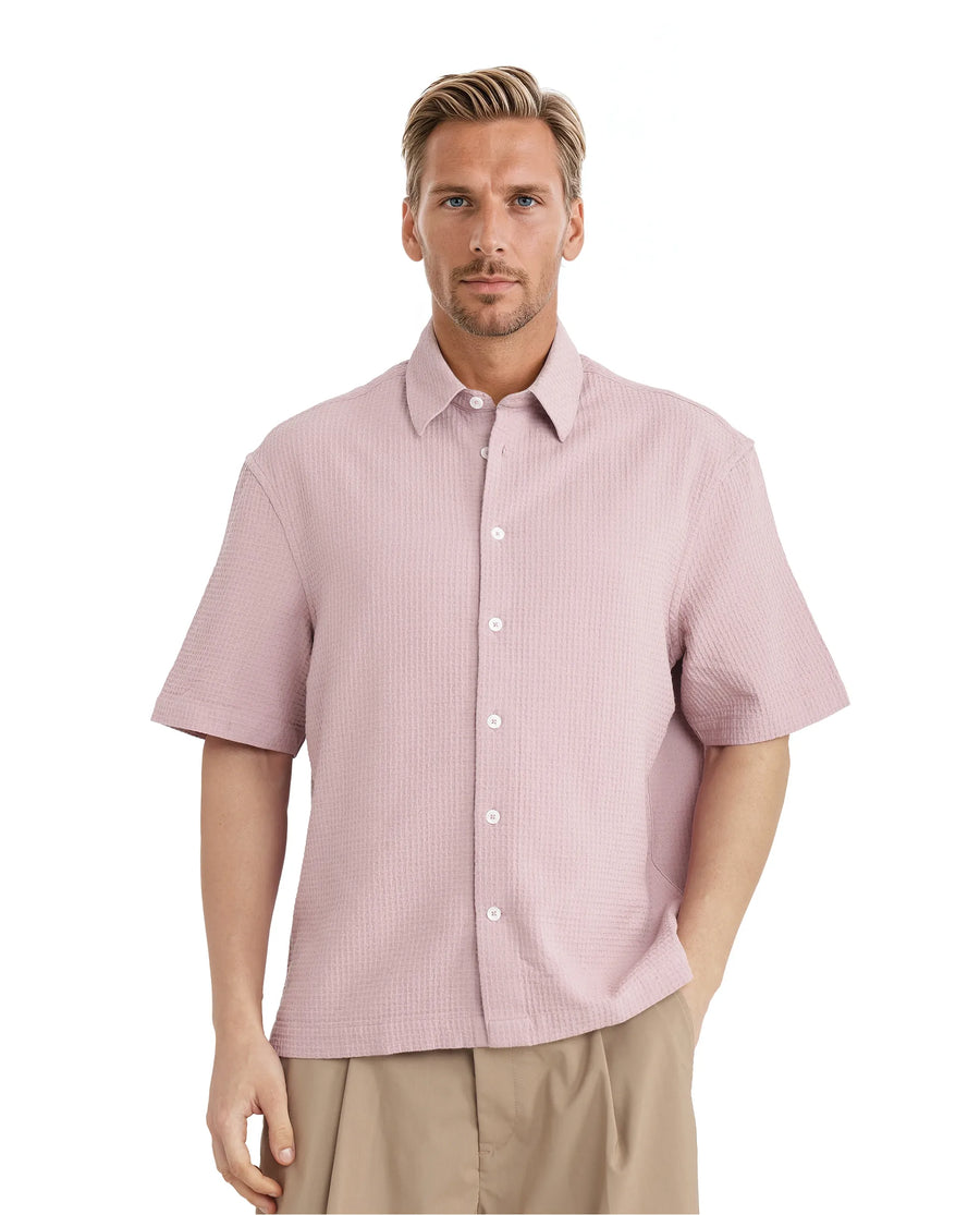 Rare Rabbit Men's Dira Dusky Pink Cotton Textured Regular Fit Half Sleeve Collared Shirt