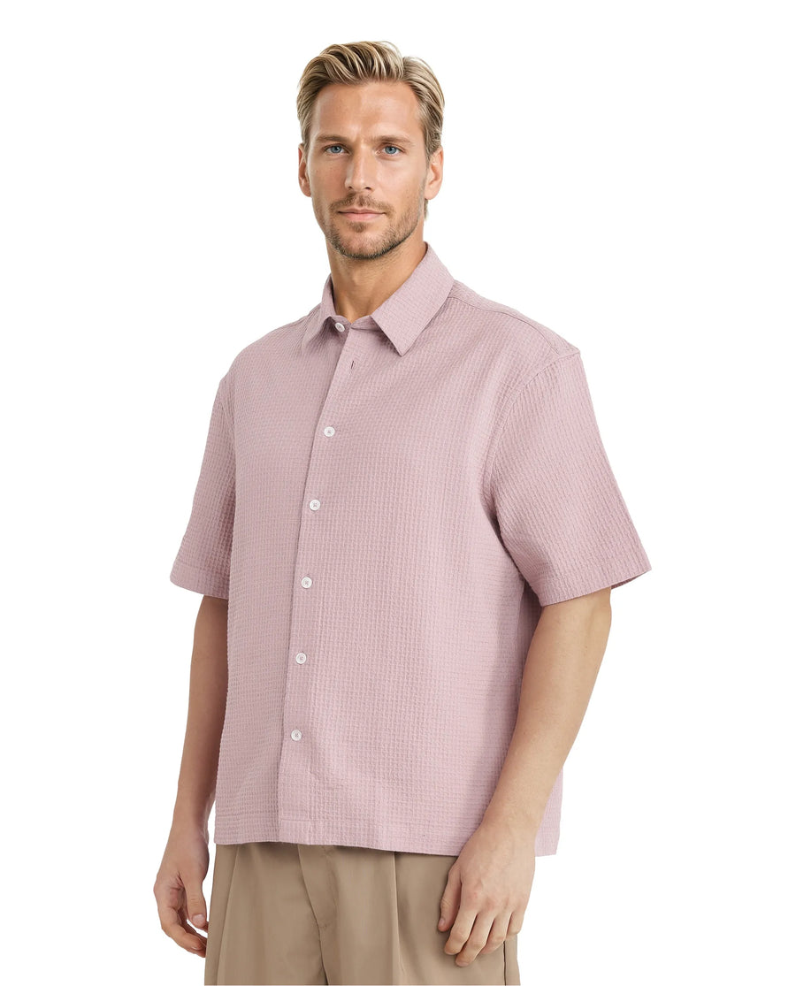 Rare Rabbit Men's Dira Dusky Pink Cotton Textured Regular Fit Half Sleeve Collared Shirt