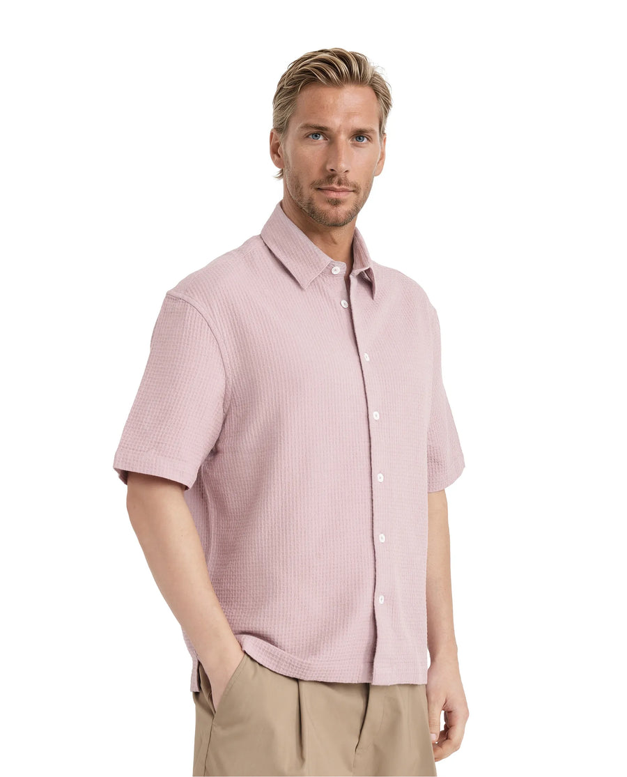 Rare Rabbit Men's Dira Dusky Pink Cotton Textured Regular Fit Half Sleeve Collared Shirt