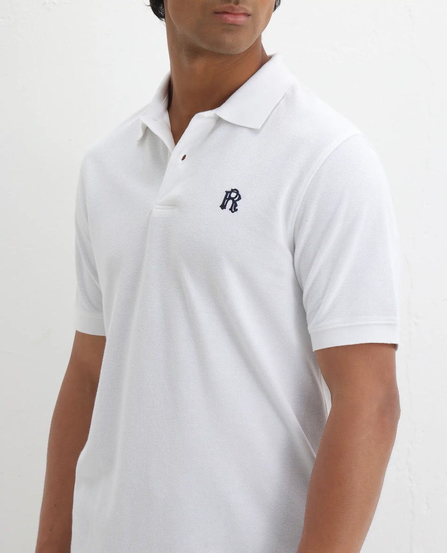 Rare Rabbit Men's Dive White Cotton Embroidered Regular Fit Half Sleeve Polo