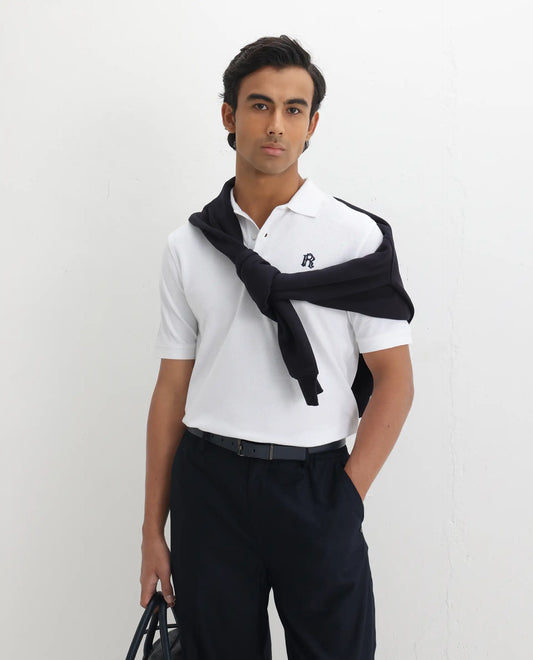 Rare Rabbit Men's Dive White Cotton Embroidered Regular Fit Half Sleeve Polo