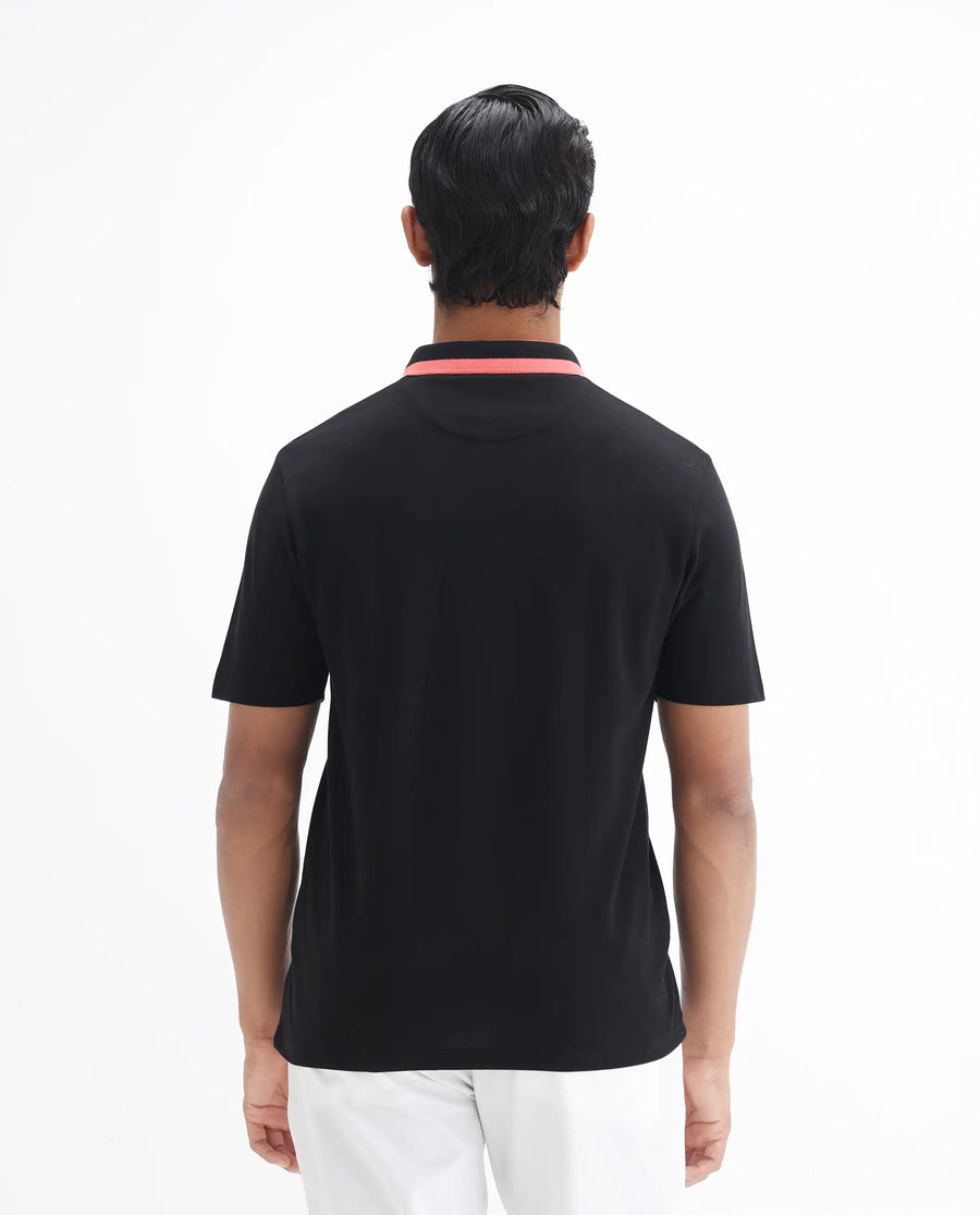 Rare Rabbit Men's Divide Black Cotton Plain Regular Fit Half Sleeve Polo