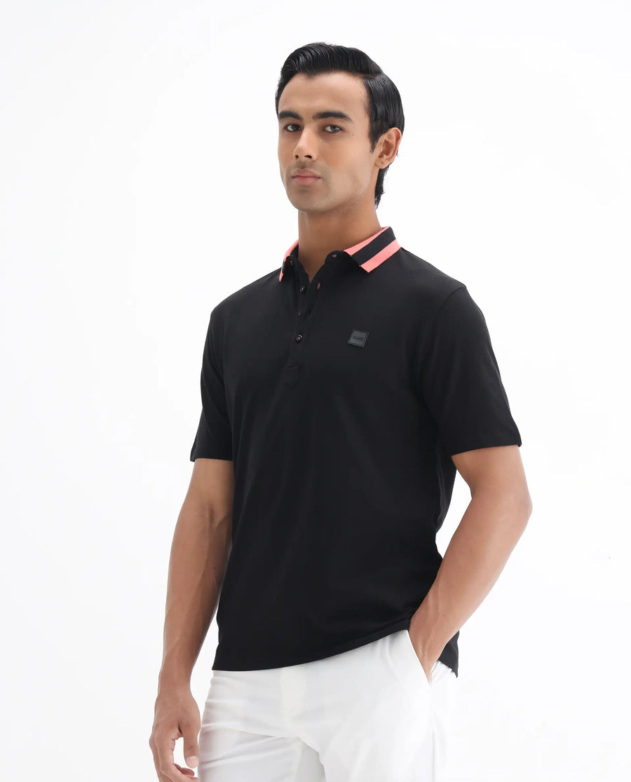 Rare Rabbit Men's Divide Black Cotton Plain Regular Fit Half Sleeve Polo
