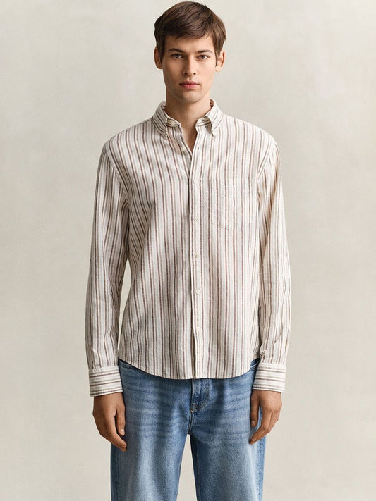 Gant Men Beige Striped Regular Fit Cotton Linen Shirt