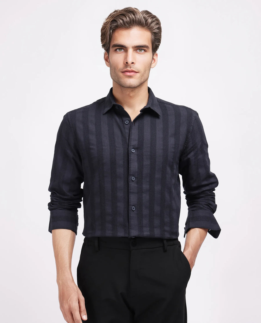 Rare Rabbit Men's Dobbiz Black Cotton Striped Print Regular Fit Half Sleeve Collared Shirt