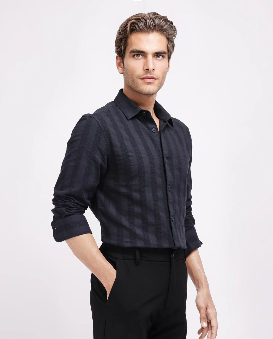Rare Rabbit Men's Dobbiz Black Cotton Striped Print Regular Fit Half Sleeve Collared Shirt