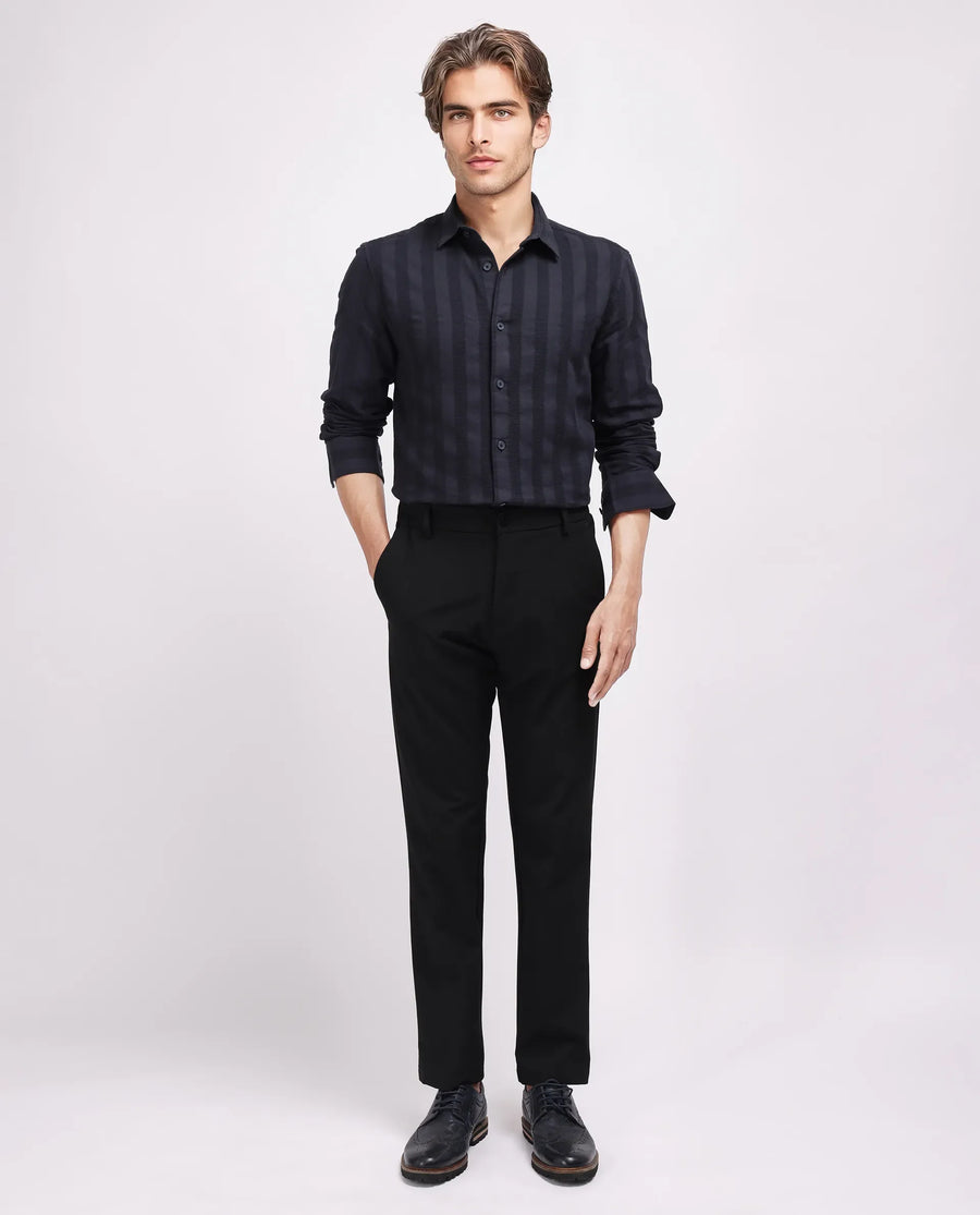 Rare Rabbit Men's Dobbiz Black Cotton Striped Print Regular Fit Half Sleeve Collared Shirt