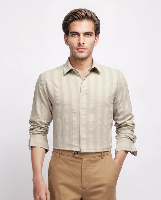 Rare Rabbit Men's Dobbiz Dark Beige Cotton Striped Print Regular Fit Half Sleeve Collared Shirt