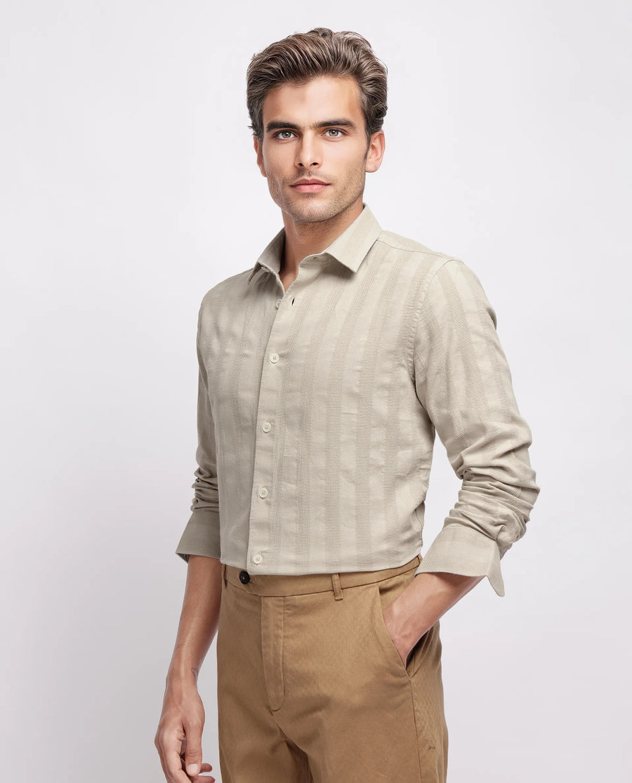 Rare Rabbit Men's Dobbiz Dark Beige Cotton Striped Print Regular Fit Half Sleeve Collared Shirt