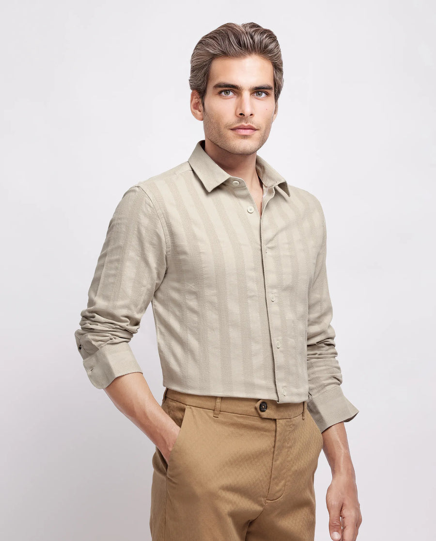 Rare Rabbit Men's Dobbiz Dark Beige Cotton Striped Print Regular Fit Half Sleeve Collared Shirt