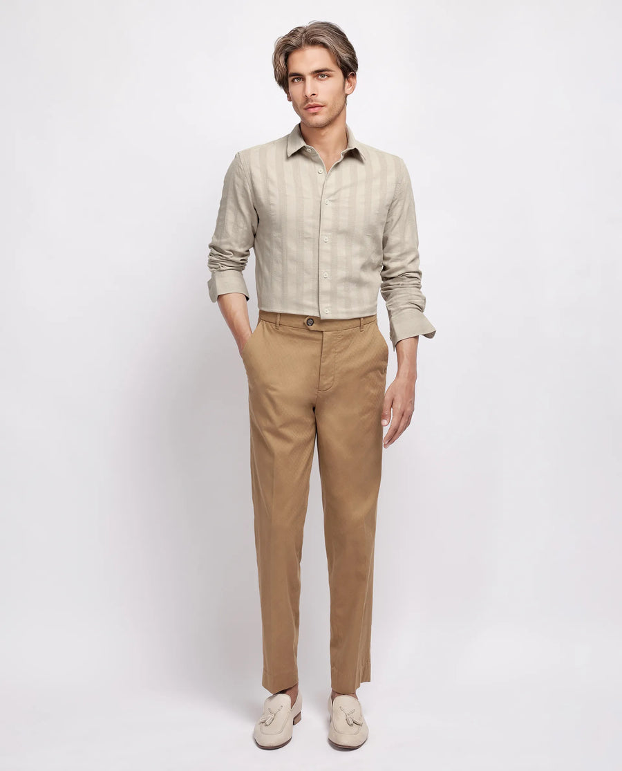 Rare Rabbit Men's Dobbiz Dark Beige Cotton Striped Print Regular Fit Half Sleeve Collared Shirt
