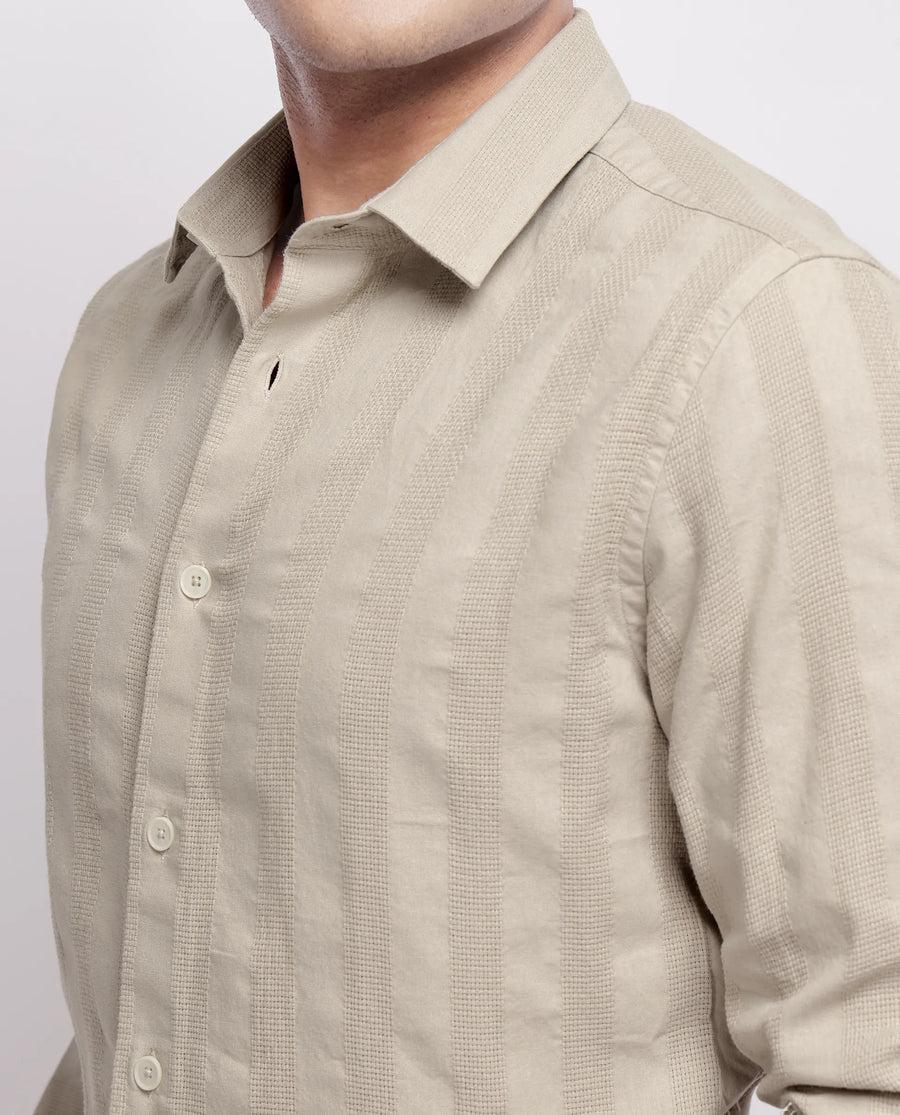 Rare Rabbit Men's Dobbiz Dark Beige Cotton Striped Print Regular Fit Half Sleeve Collared Shirt