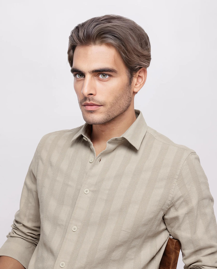 Rare Rabbit Men's Dobbiz Dark Beige Cotton Striped Print Regular Fit Half Sleeve Collared Shirt