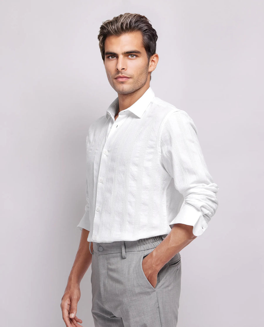 Rare Rabbit Men's Dobbiz White Cotton Striped Print Regular Fit Full Sleeve Collared Shirt