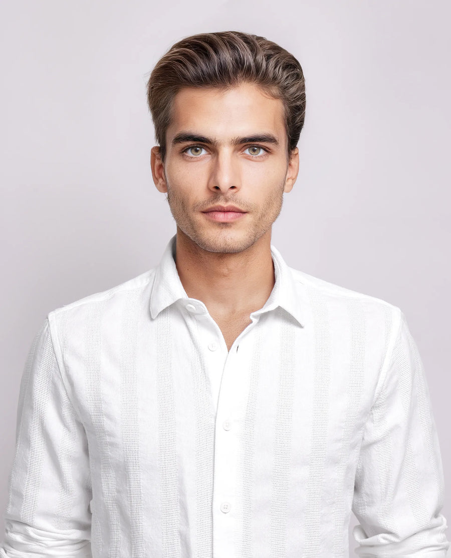 Rare Rabbit Men's Dobbiz White Cotton Striped Print Regular Fit Full Sleeve Collared Shirt