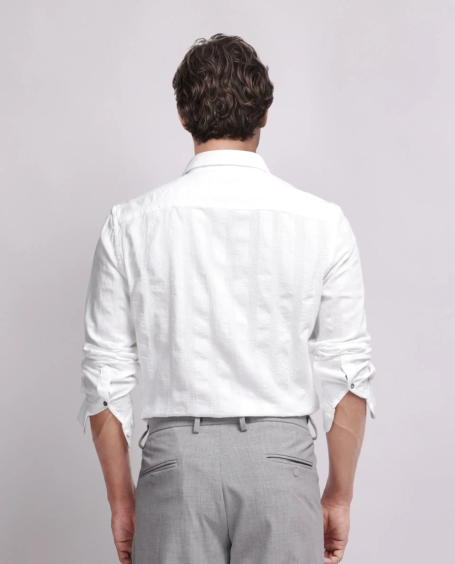 Rare Rabbit Men's Dobbiz White Cotton Striped Print Regular Fit Full Sleeve Collared Shirt