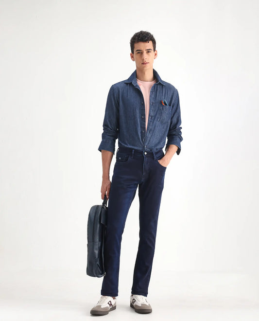 Rare Rabbit Men's Dobe Dark Blue Cotton Plain Hawk Slim Fit Jeans