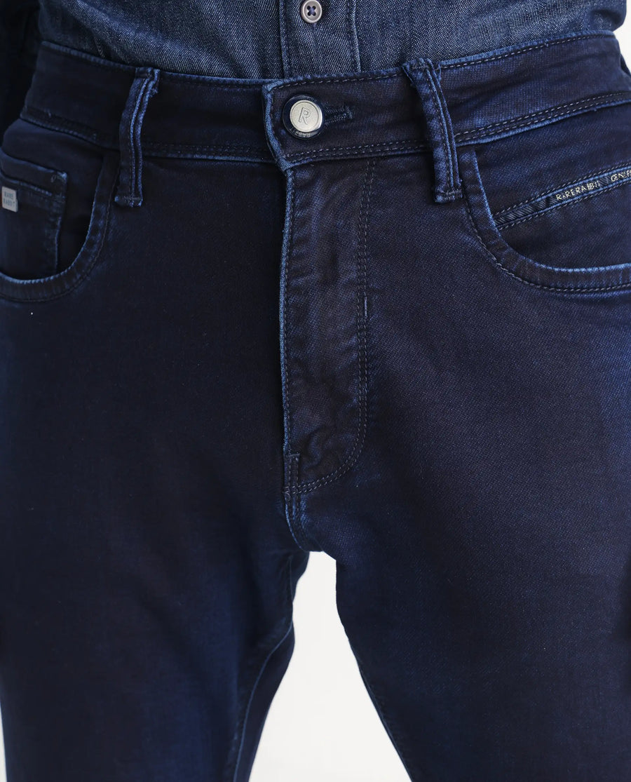 Rare Rabbit Men's Dobe Dark Blue Cotton Plain Hawk Slim Fit Jeans