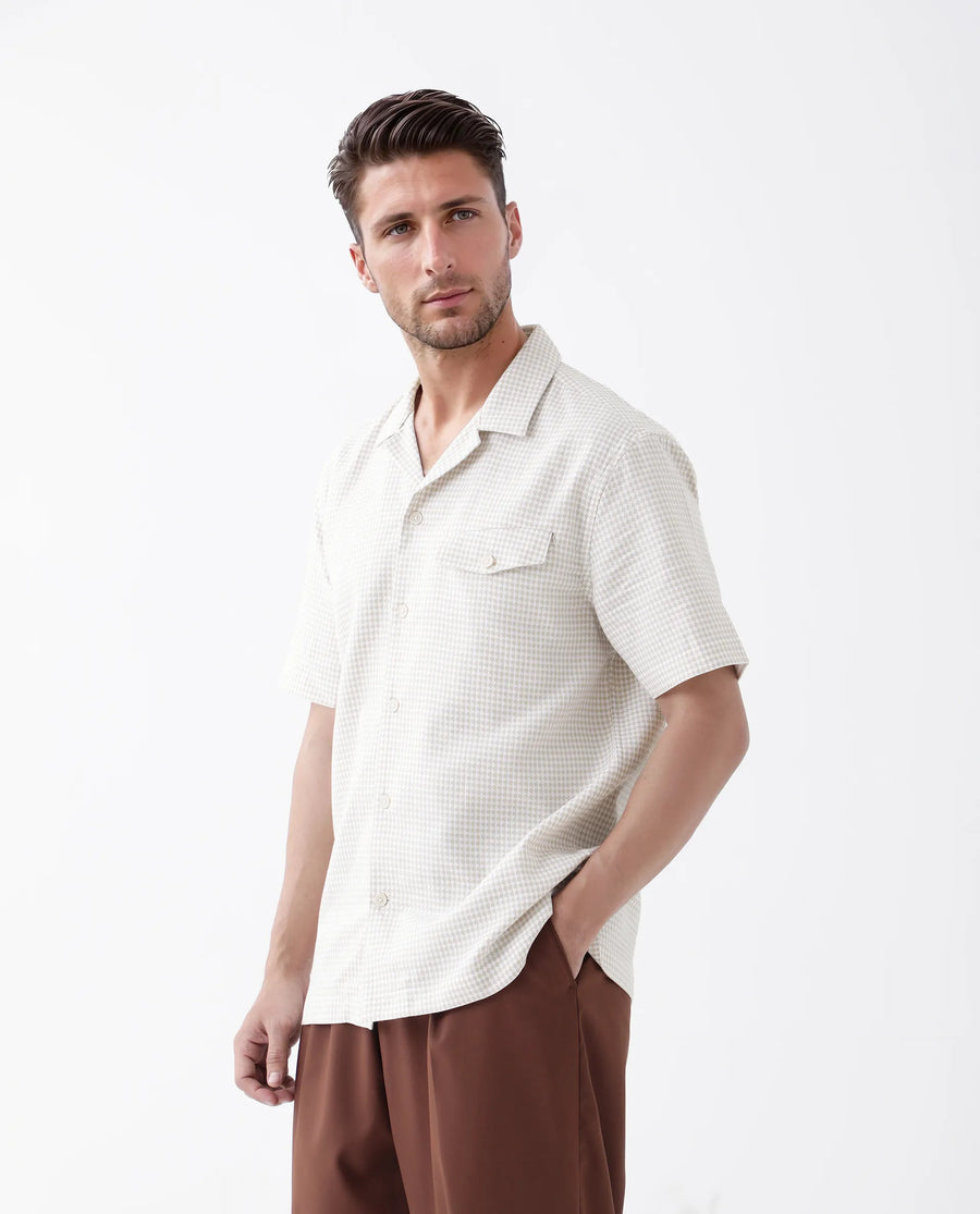 Rare Rabbit Men's Dobo Beige Cotton Polka Print Relaxed Fit Half Sleeve Cuban Collar Shirt