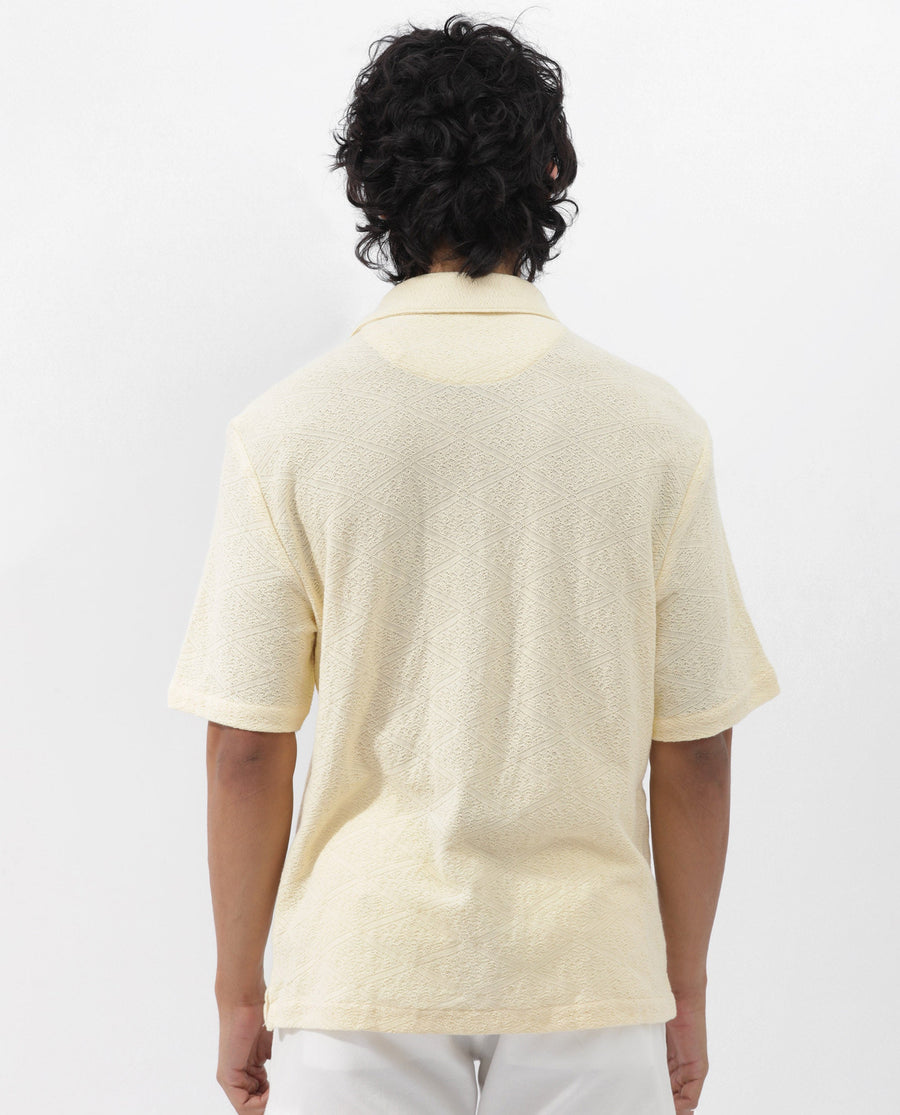 Rare Rabbit Men's Domat Light Yellow Cotton Jacquard Boxy Fit Half Sleeve Collared Shirt