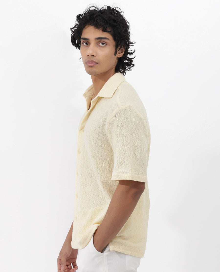 Rare Rabbit Men's Domat Light Yellow Cotton Jacquard Boxy Fit Half Sleeve Collared Shirt