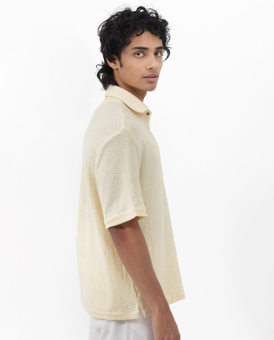 Rare Rabbit Men's Domat Light Yellow Cotton Jacquard Boxy Fit Half Sleeve Collared Shirt
