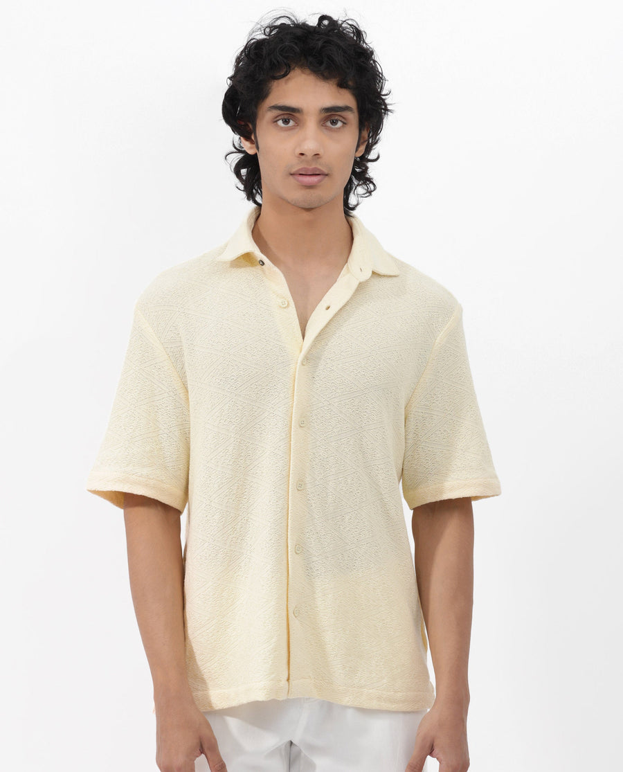 Rare Rabbit Men's Domat Light Yellow Cotton Jacquard Boxy Fit Half Sleeve Collared Shirt