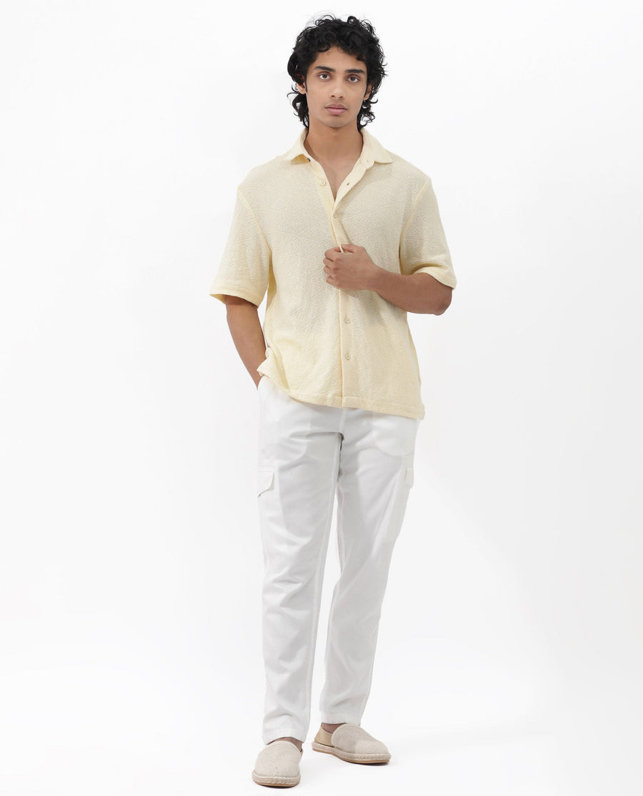 Rare Rabbit Men's Domat Light Yellow Cotton Jacquard Boxy Fit Half Sleeve Collared Shirt