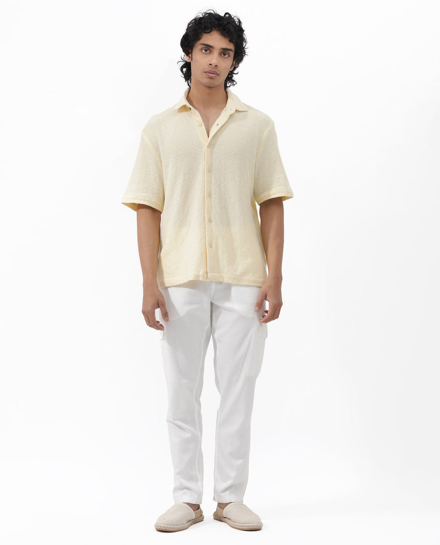 Rare Rabbit Men's Domat Light Yellow Cotton Jacquard Boxy Fit Half Sleeve Collared Shirt