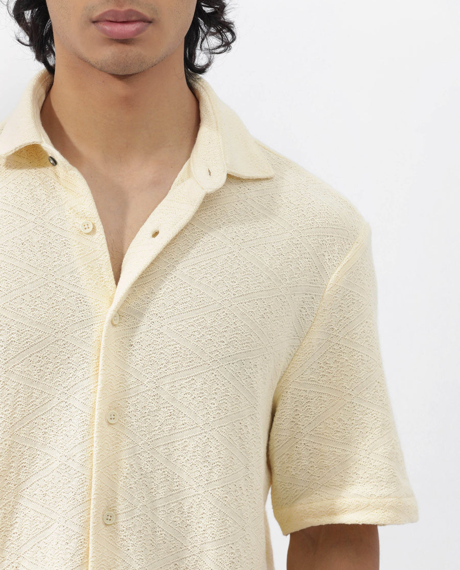 Rare Rabbit Men's Domat Light Yellow Cotton Jacquard Boxy Fit Half Sleeve Collared Shirt