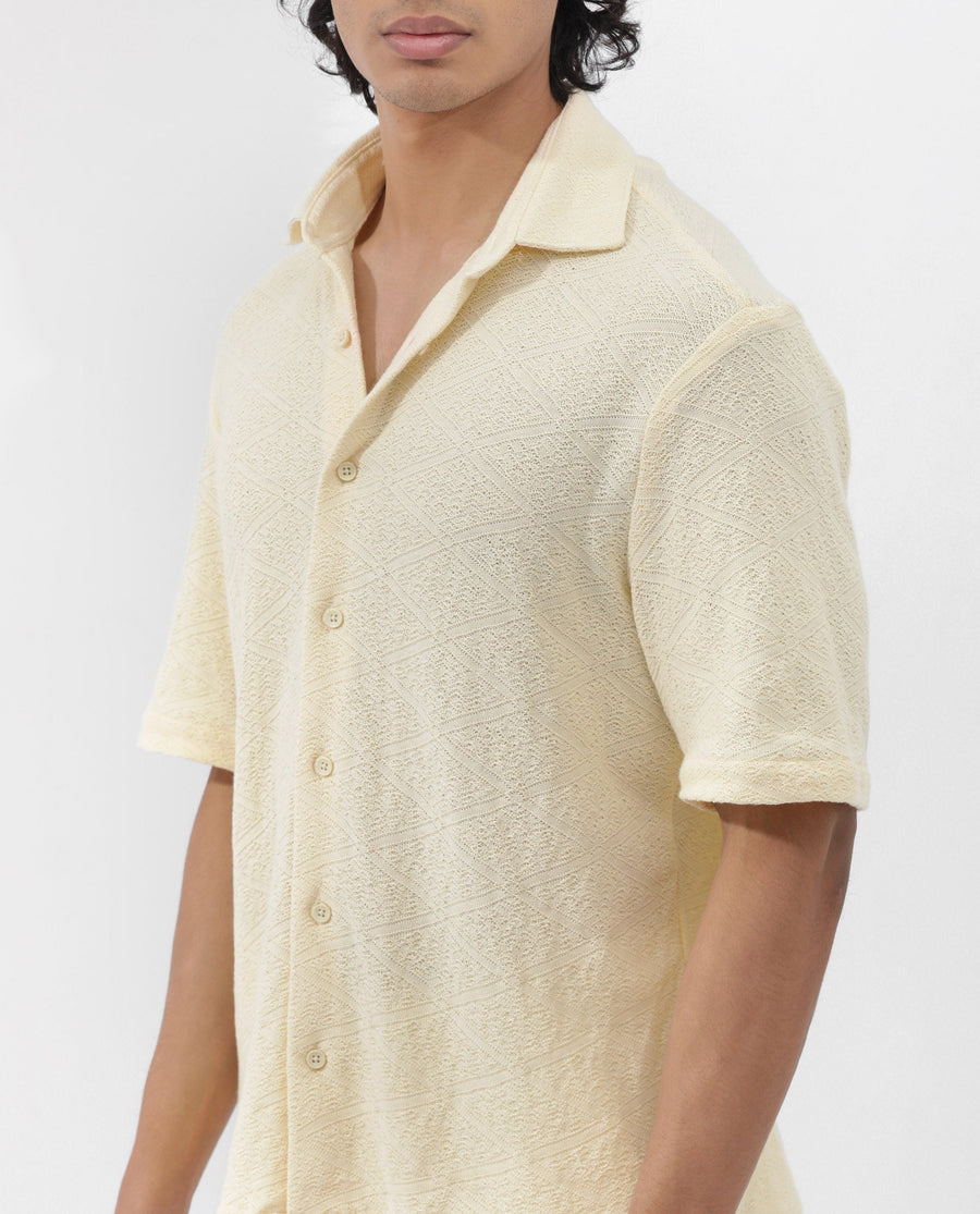 Rare Rabbit Men's Domat Light Yellow Cotton Jacquard Boxy Fit Half Sleeve Collared Shirt