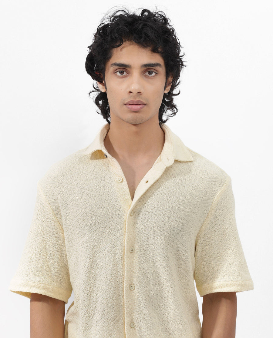 Rare Rabbit Men's Domat Light Yellow Cotton Jacquard Boxy Fit Half Sleeve Collared Shirt