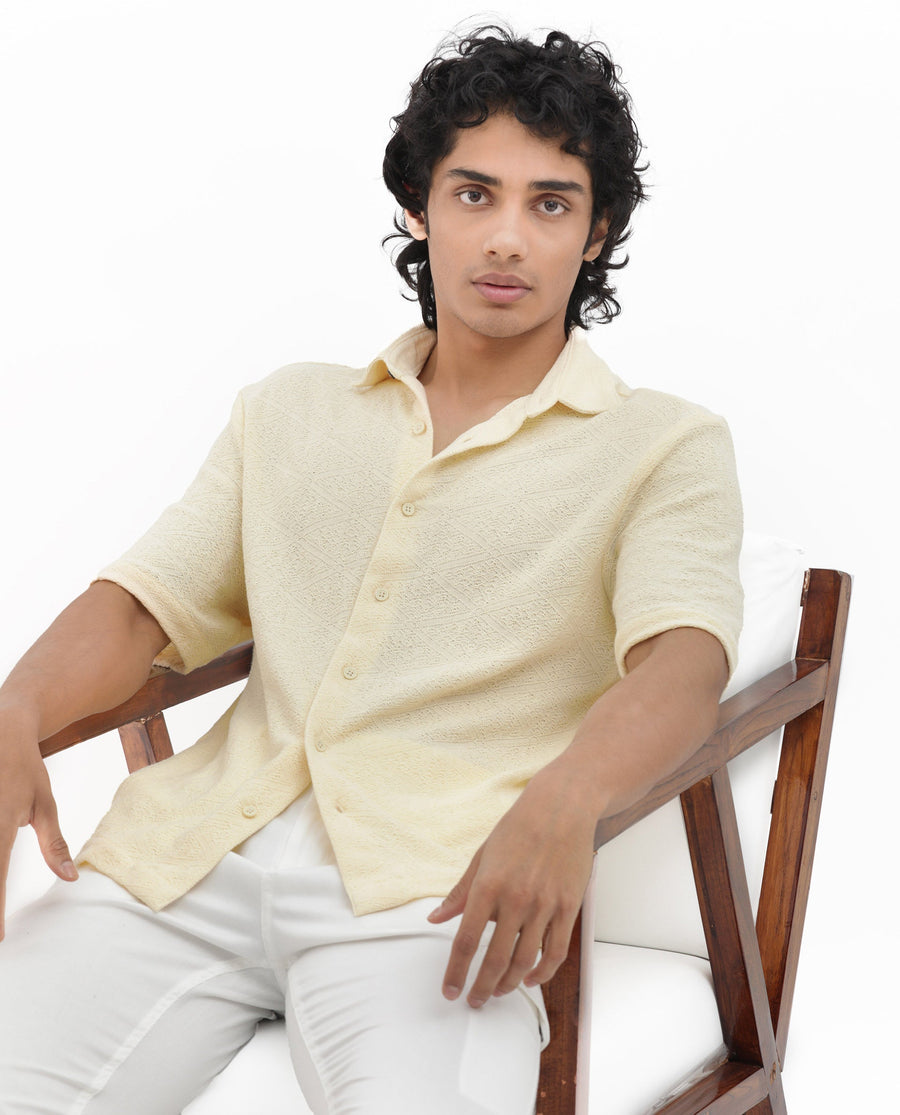 Rare Rabbit Men's Domat Light Yellow Cotton Jacquard Boxy Fit Half Sleeve Collared Shirt