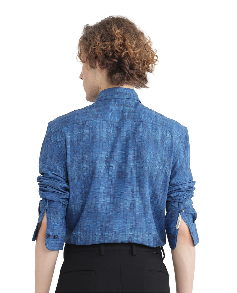 Rare Rabbit Men's Doma Blue Viscose Geometric Print Regular Fit Full Sleeve Collared Shirt