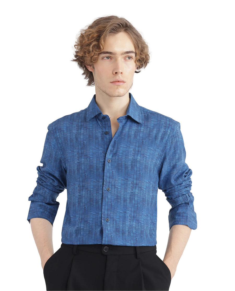 Rare Rabbit Men's Doma Blue Viscose Geometric Print Regular Fit Full Sleeve Collared Shirt