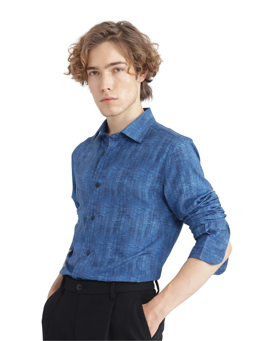 Rare Rabbit Men's Doma Blue Viscose Geometric Print Regular Fit Full Sleeve Collared Shirt