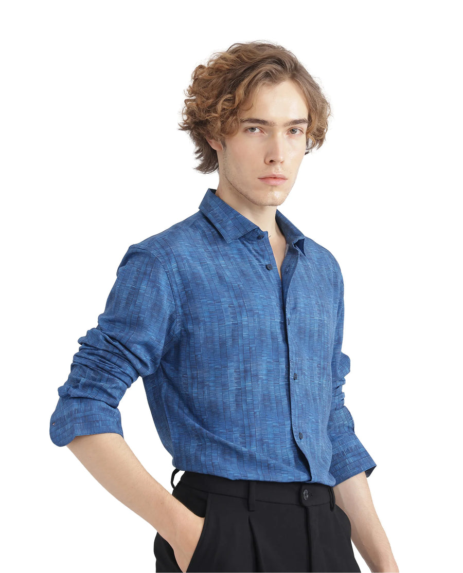 Rare Rabbit Men's Doma Blue Viscose Geometric Print Regular Fit Full Sleeve Collared Shirt