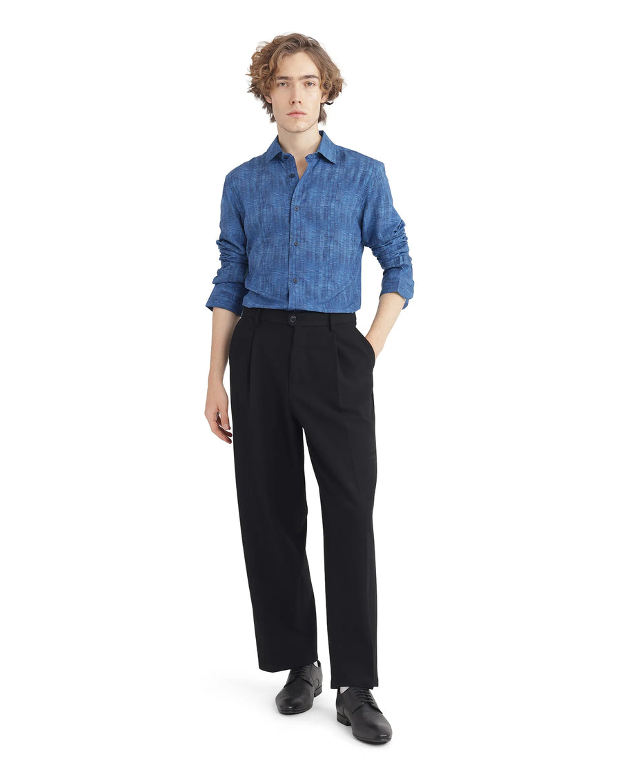 Rare Rabbit Men's Doma Blue Viscose Geometric Print Regular Fit Full Sleeve Collared Shirt