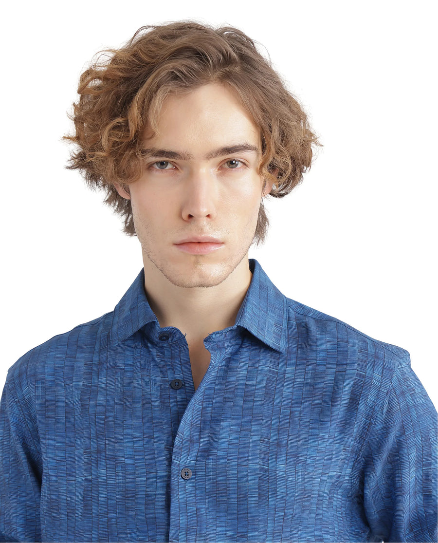 Rare Rabbit Men's Doma Blue Viscose Geometric Print Regular Fit Full Sleeve Collared Shirt