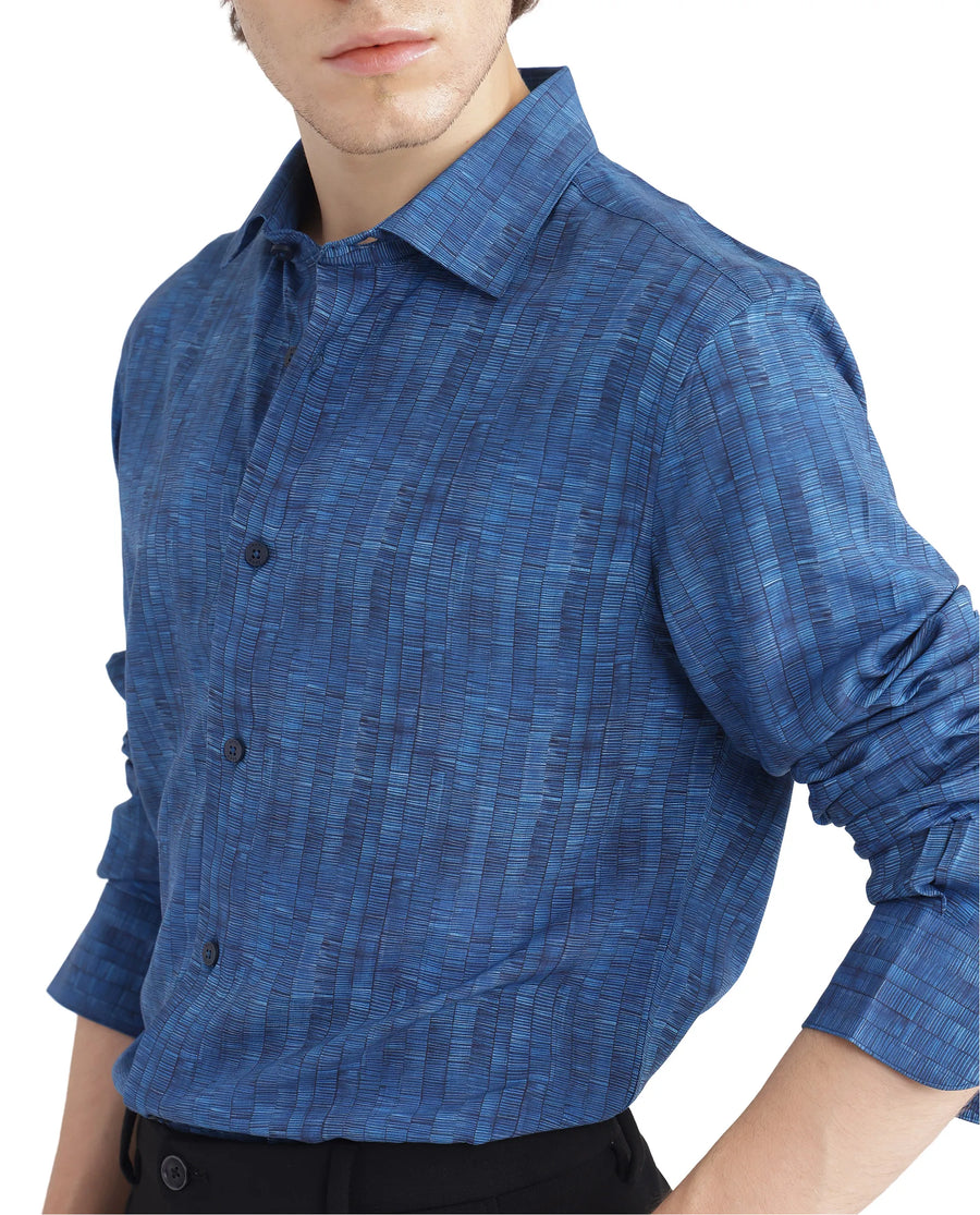 Rare Rabbit Men's Doma Blue Viscose Geometric Print Regular Fit Full Sleeve Collared Shirt