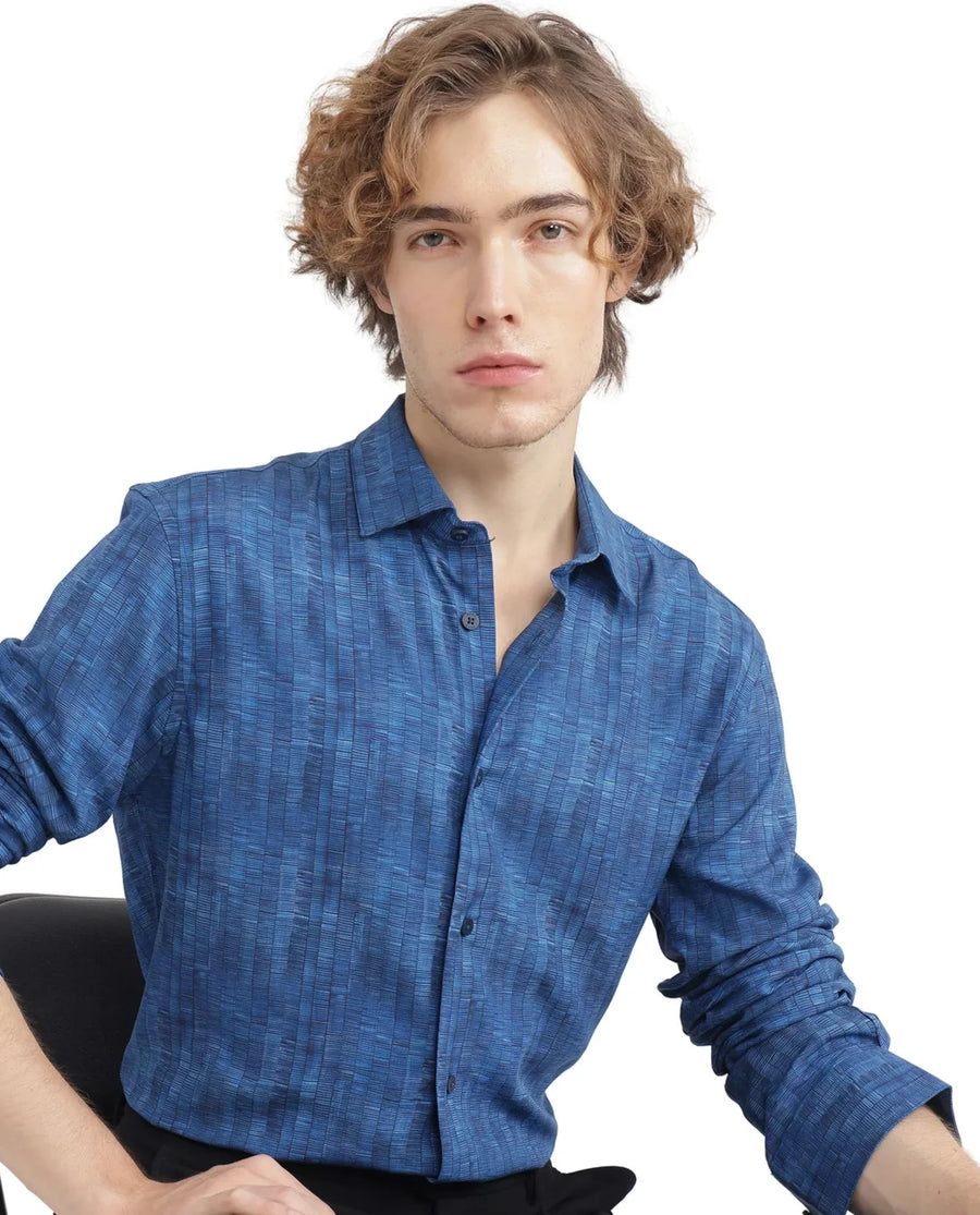 Rare Rabbit Men's Doma Blue Viscose Geometric Print Regular Fit Full Sleeve Collared Shirt