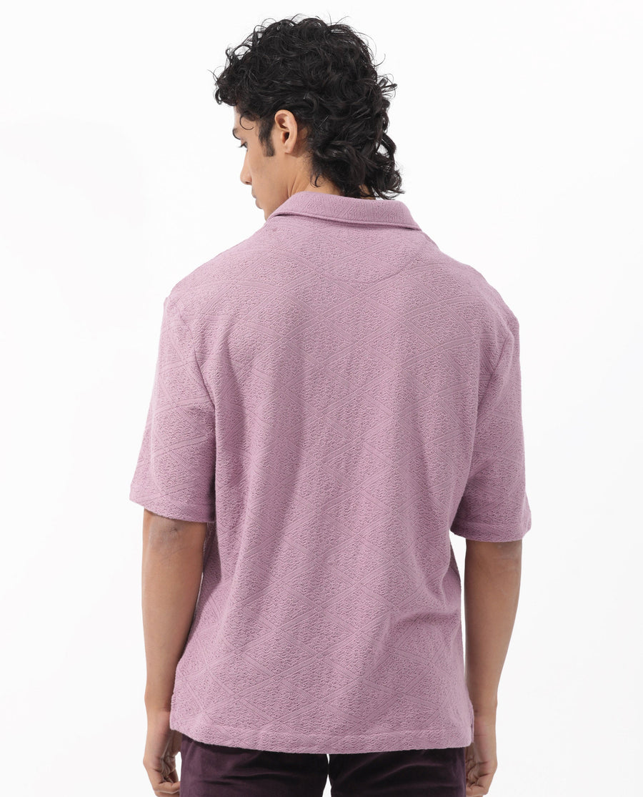 Rare Rabbit Men's Domat Dusky Purple Cotton Jacquard Boxy Fit Half Sleeve Collared Shirt