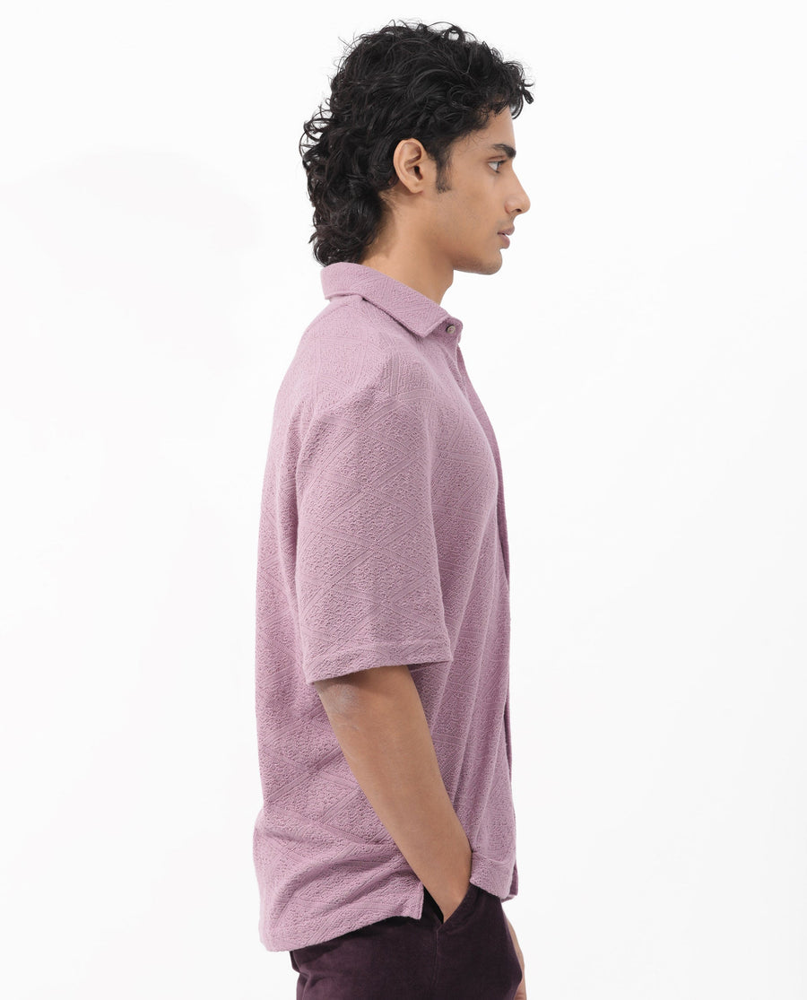 Rare Rabbit Men's Domat Dusky Purple Cotton Jacquard Boxy Fit Half Sleeve Collared Shirt