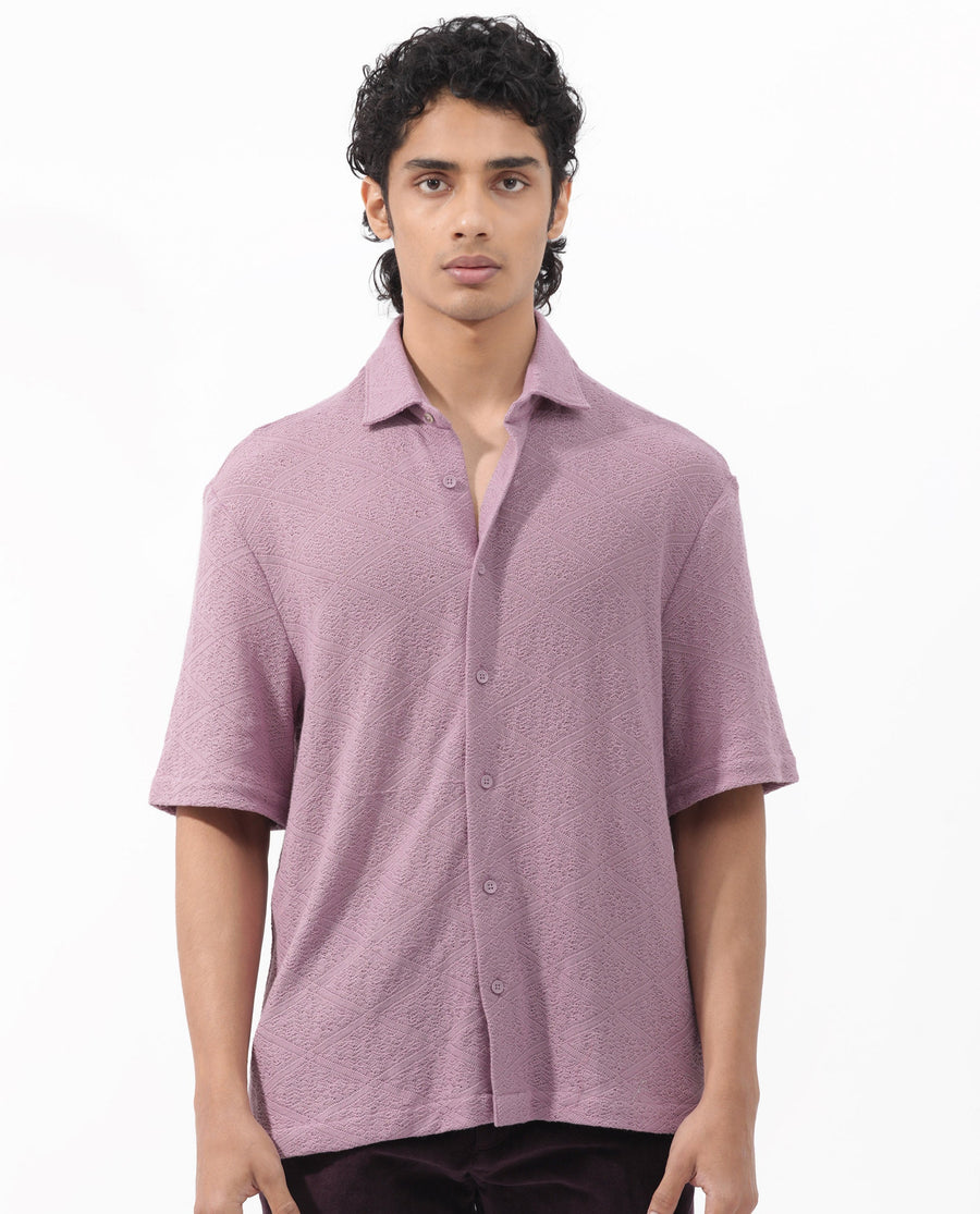 Rare Rabbit Men's Domat Dusky Purple Cotton Jacquard Boxy Fit Half Sleeve Collared Shirt